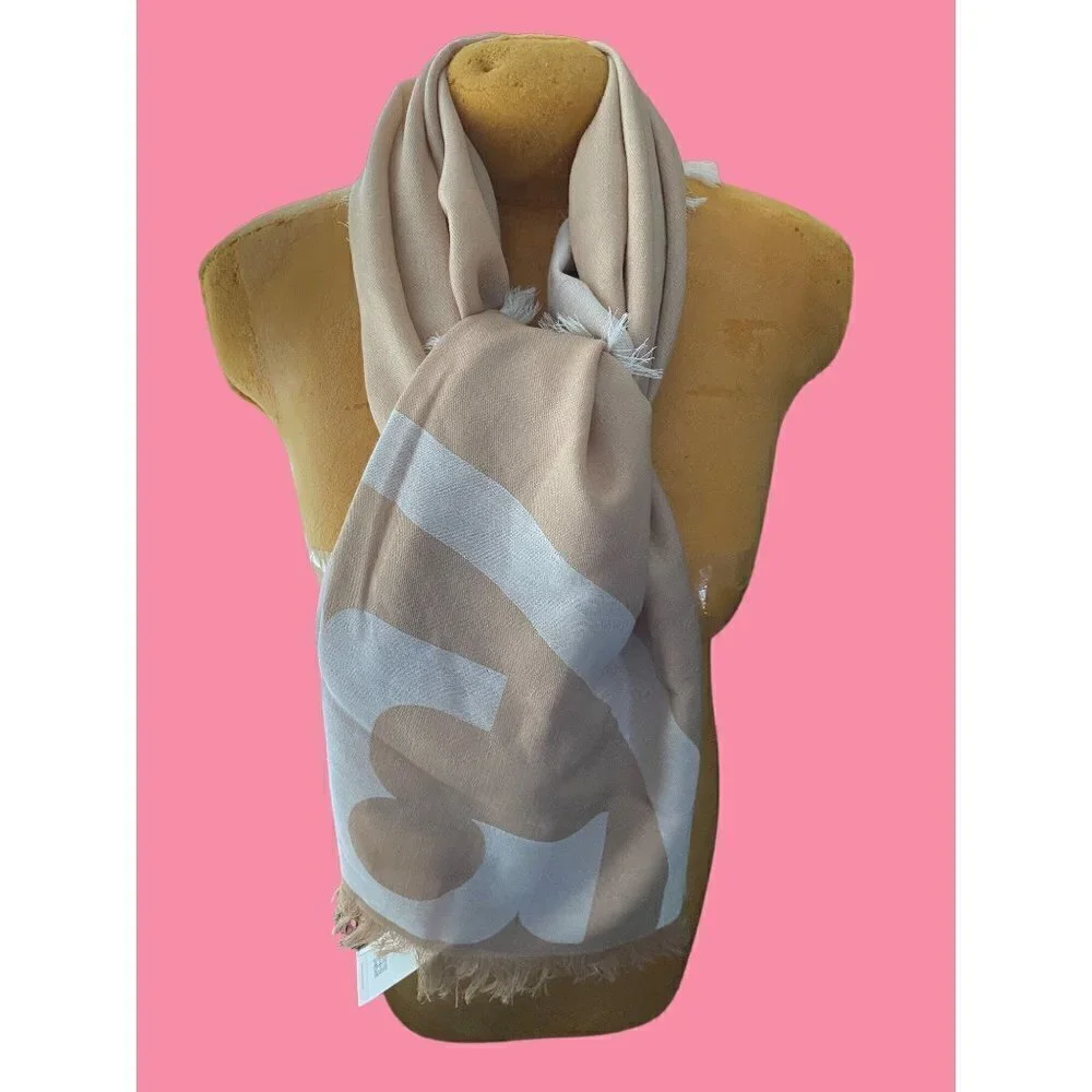 tory burch split logo jacquard scarf camel new ivory 68"x27" fringed wool $248